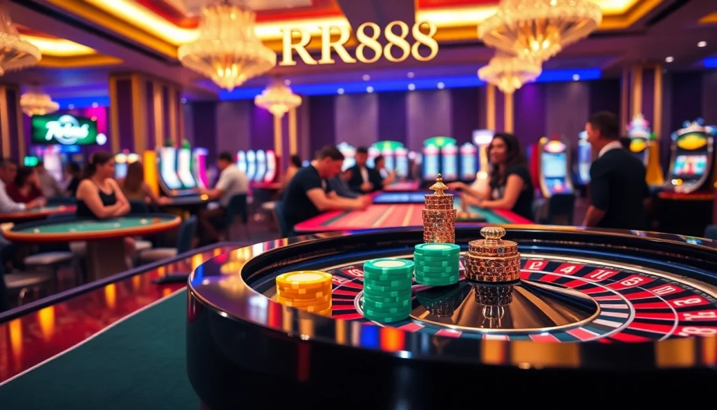 Experience the thrill of gaming at RR888 Casino with roulette and vibrant casino chips.