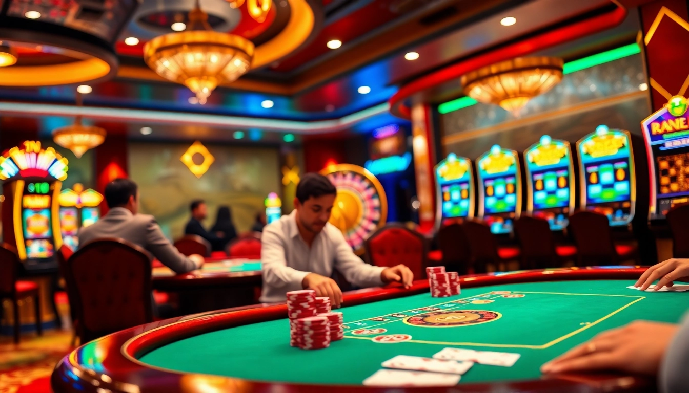 Experience the excitement of gambling at I9BET with vibrant casino visuals showcasing poker and roulette.
