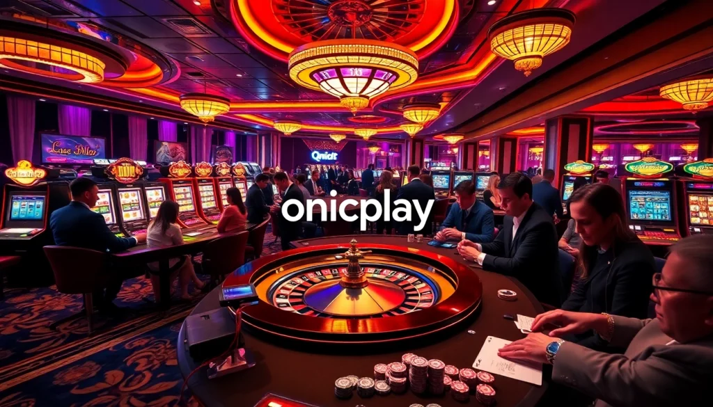 Players experiencing excitement at an Onicplay casino with vibrant roulette wheel and slot machines.