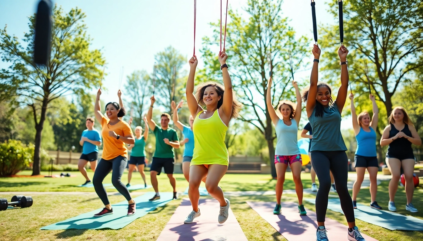 Active individuals using pull-up resistance bands in a vibrant outdoor fitness setting to enhance their workouts.