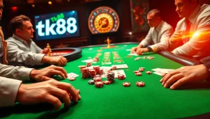 Tk88 poker chips stacked high on a casino table, symbolizing high-stakes gambling action.