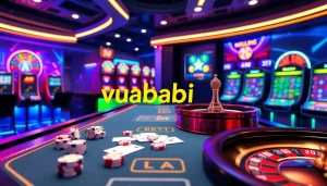 Experience excitement at vuabai9 with vibrant casino tables, poker chips, and slot machines in action.