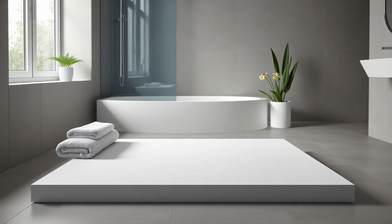 Modern shower base in an upscale bathroom with elegant fixtures and natural lighting.