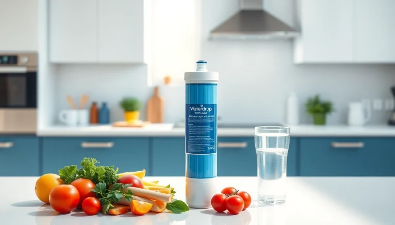 Waterdrop WD-F08 Replacement for 4396841 showcased in a bright kitchen setting.
