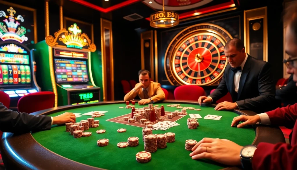 Players enjoying an intense poker game at TR88 casino table, surrounded by vibrant chips and cards.