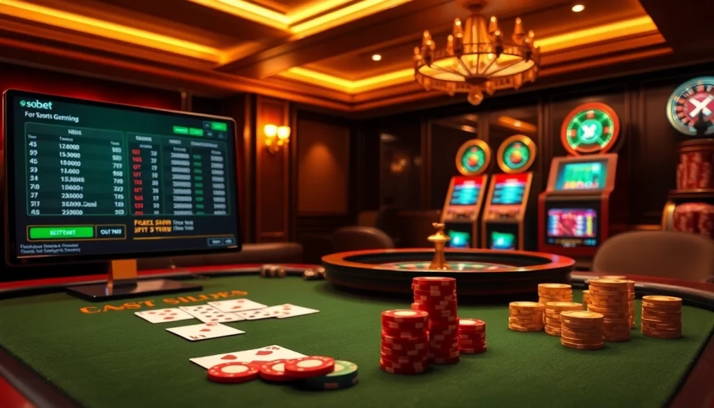 Betting on sbobet with vibrant casino elements like poker chips and cards.