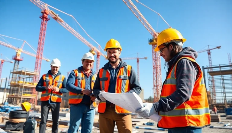 Showcasing construction workforce development through workers training together at an active site.
