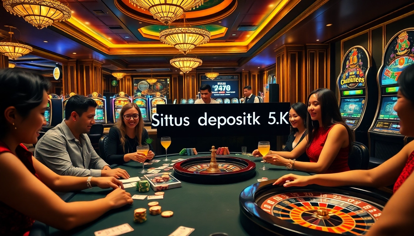 Para pemain merayakan rentetan kemenangan di kasino, menampilkan situs deposit 5k pada layar digital.