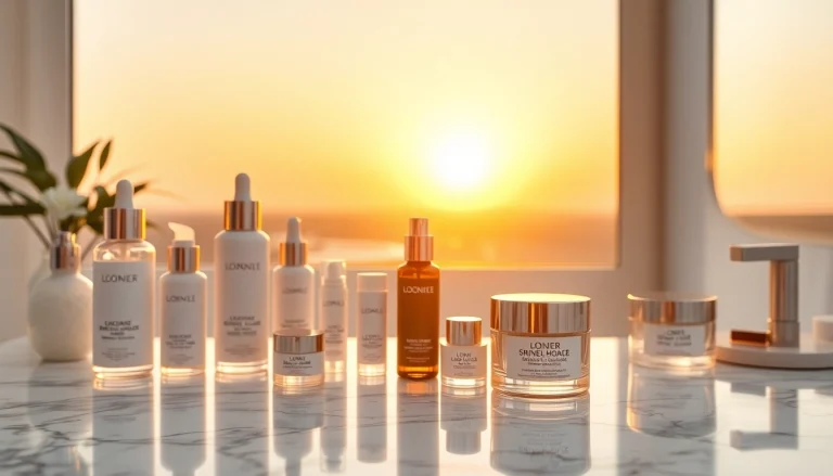 Kosmetika profesionalūs odos priežiūros produktai elegantiškai išdėstyti ant marmuro paviršiaus.