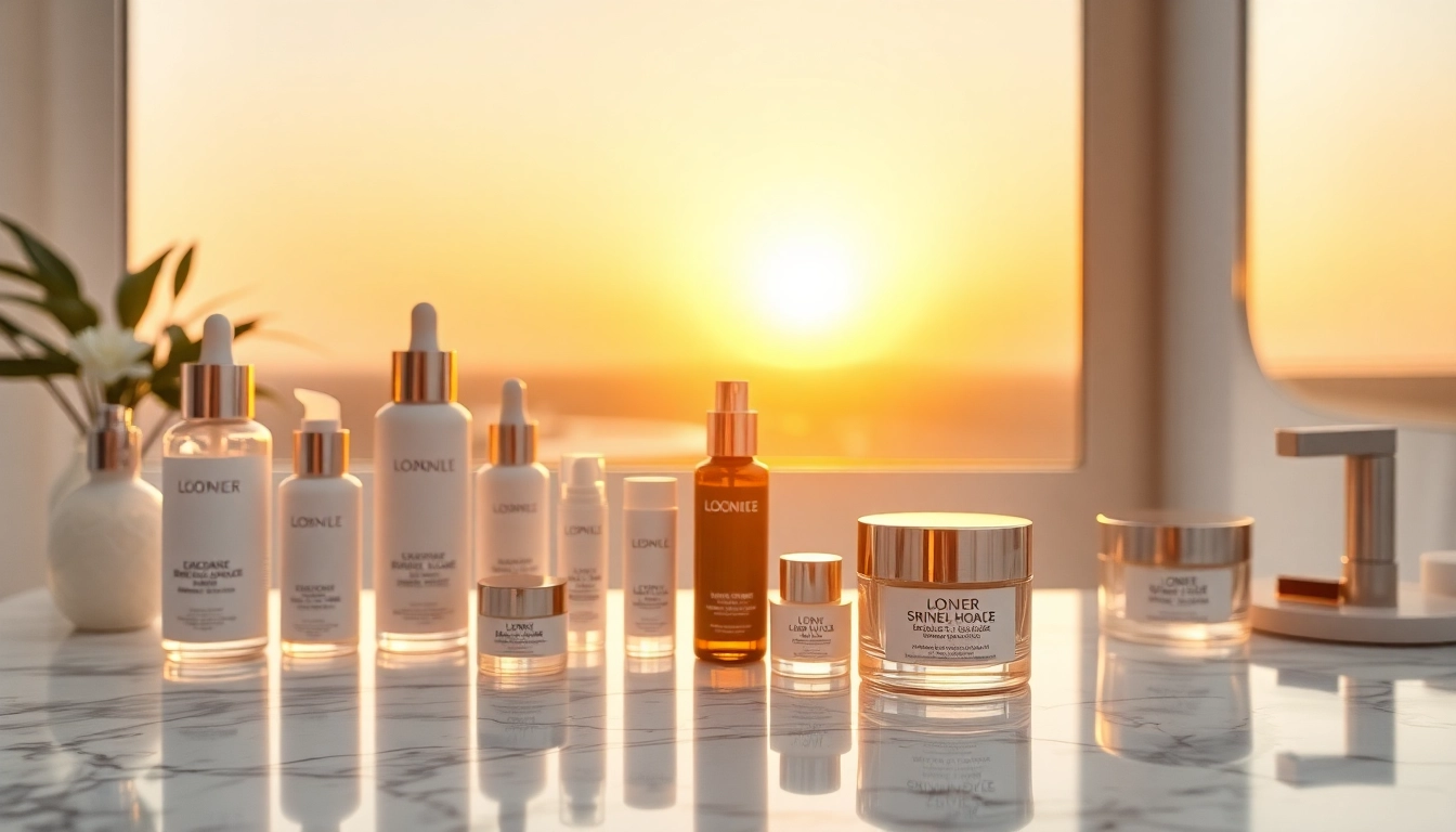 Kosmetika profesionalūs odos priežiūros produktai elegantiškai išdėstyti ant marmuro paviršiaus.