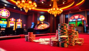 Engaging scene in the Trang game Haywin showcasing vibrant casino elements with poker chips and slot machines.