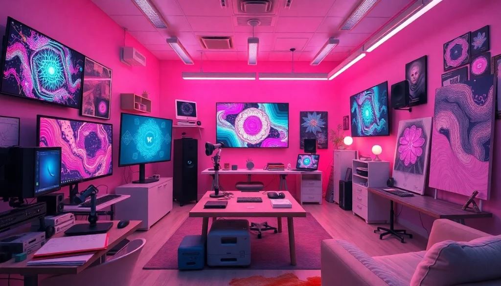 An innovative AI nsfw digital art studio showcasing colorful screens and creative tools in an inspiring setting.