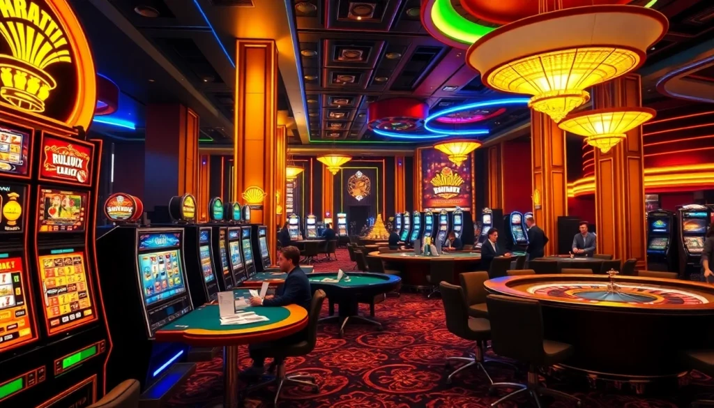Explore the excitement of onicplay with vibrant slot machines and poker tables in a lively casino setting.