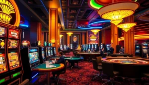 Explore the excitement of onicplay with vibrant slot machines and poker tables in a lively casino setting.