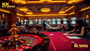 KK WIN players enjoying a thrilling casino experience at a luxurious poker table with chips and cards.