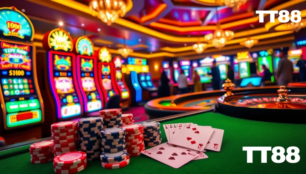 Experience the thrill of gaming at https://tt88.fund/ with vibrant casino visuals featuring lively players, poker chips, and slot machines.