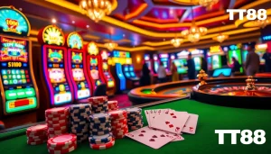 Experience the thrill of gaming at https://tt88.fund/ with vibrant casino visuals featuring lively players, poker chips, and slot machines.