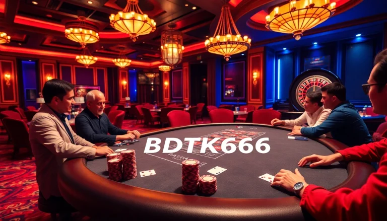Players engaged in a high-stakes poker game at an upscale casino, featuring BDTK666 design elements.