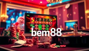 Engage in exciting online gambling experiences with bem88, featuring casino tables and vibrant gaming elements.