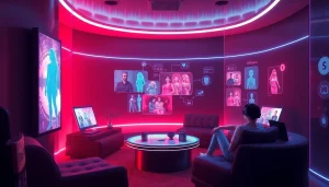 Futuristic NSFW AI chat room with immersive digital interfaces and playful avatars.