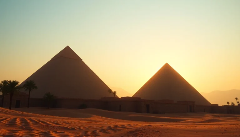 Explore the majestic Egyptian piraminds set against a stunning sunrise.