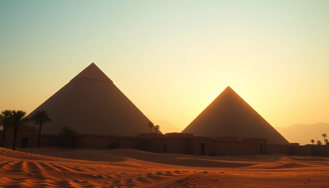 Explore the majestic Egyptian piraminds set against a stunning sunrise.