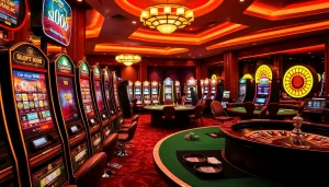 Exciting scene showcasing slot depo 1000 machines where players celebrate big wins in a casino.