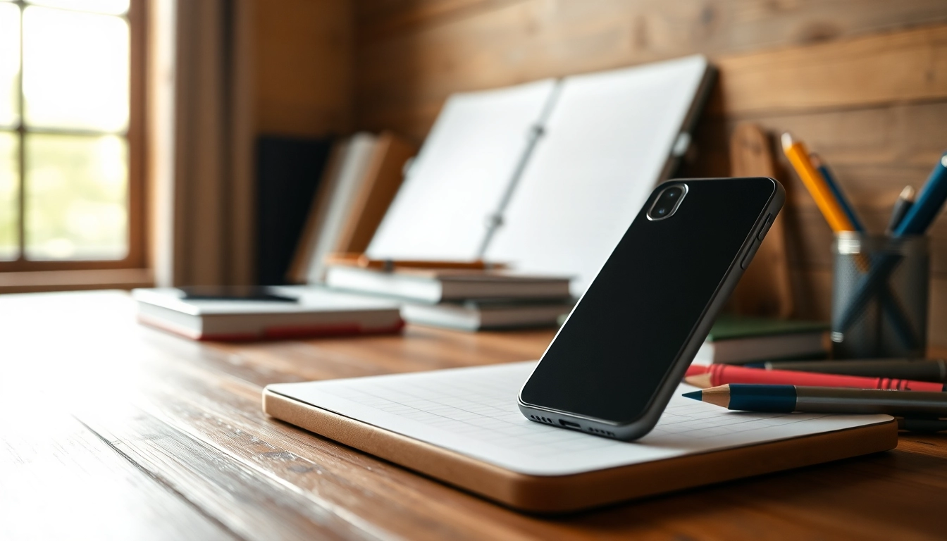 Handytasche Schule elegant präsentiert mit Schulmaterialien auf einem Schreibtisch.