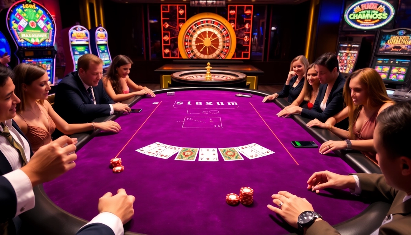 Players enjoying a thrilling game at the LC88 casino table, surrounded by vibrant atmosphere and professional setup.