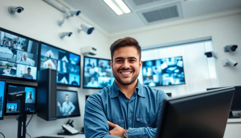 Técnico de seguridad trabajando en una oficina moderna con tecnología de vigilancia