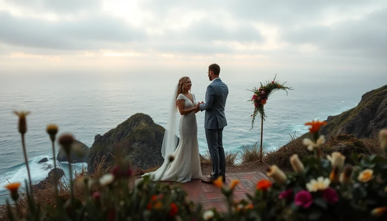 Stunning cliffside wedding by a Big Sur wedding photographer capturing a beautiful couple at sunset.