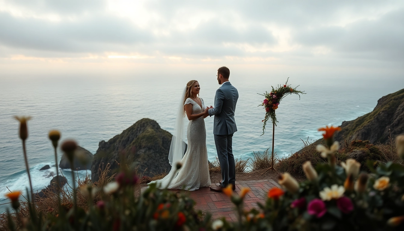 Stunning cliffside wedding by a Big Sur wedding photographer capturing a beautiful couple at sunset.