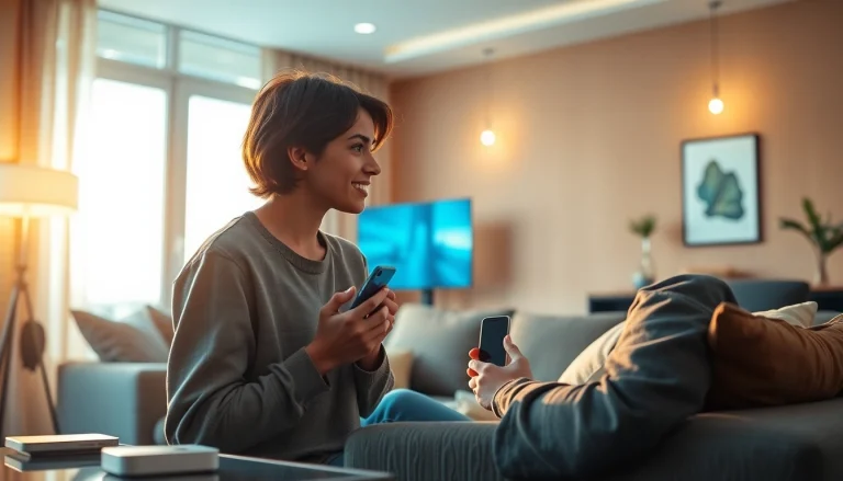 Engaging discussion with an AI girlfriend in a modern living room, showcasing technology and companionship.