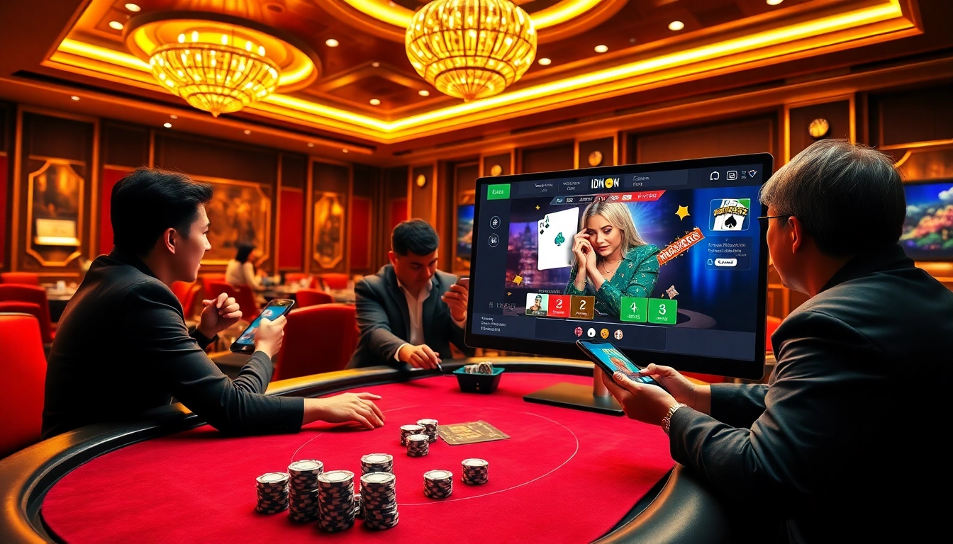 Playing IDN Poker online with engaging visuals of a live dealer and vibrant game elements