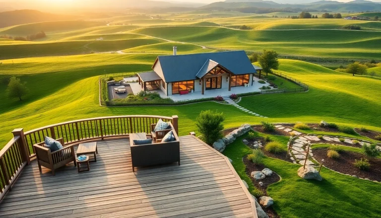 Winding River Farmhouse New Build illustrated in a serene landscape with inviting outdoor space and natural lighting.