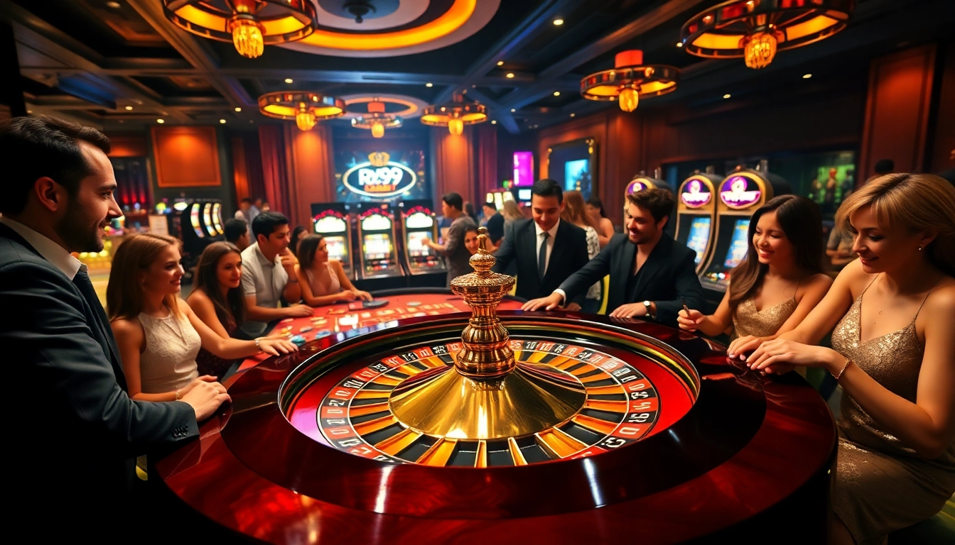 Players engaging with the roulette wheel at RR99 casino, winning chips amidst vibrant excitement.