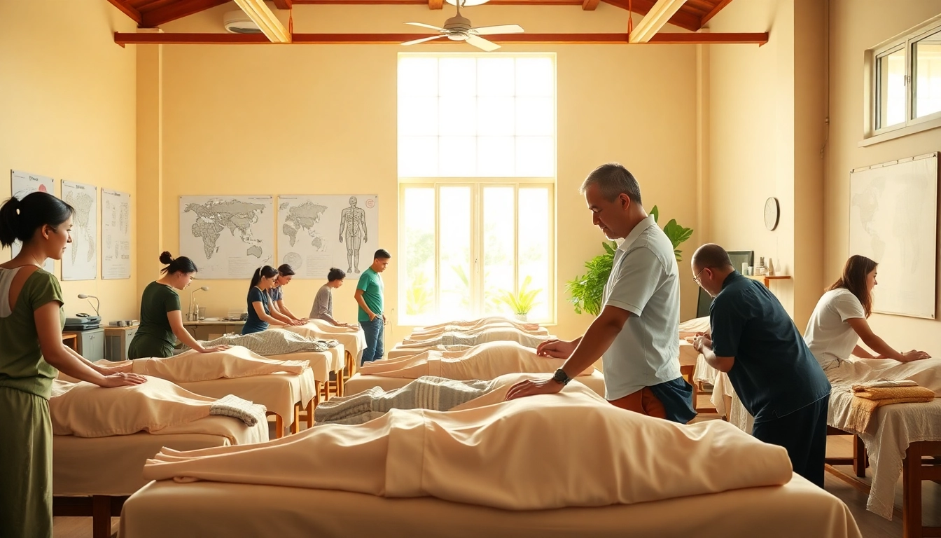 Chiang Mai Massage School students practicing hands-on techniques in a bright and inviting classroom.