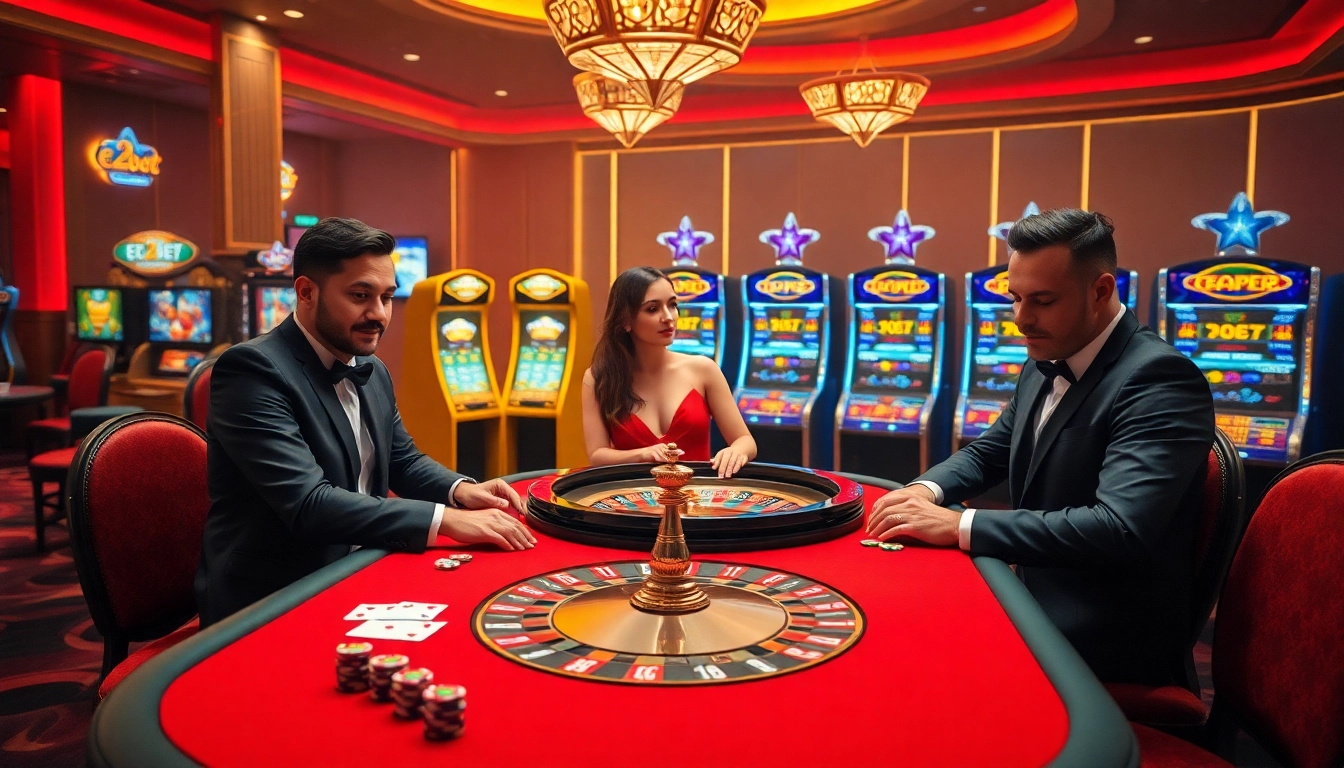 E2bet players enjoying an engaging casino experience with vibrant chips and roulette wheel.