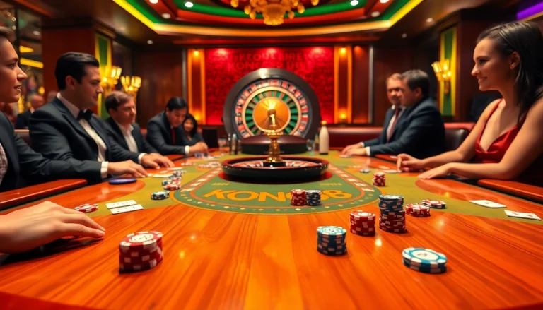 KONG88 poker players engaged in an exciting game with colorful chips and cards at a luxurious table.