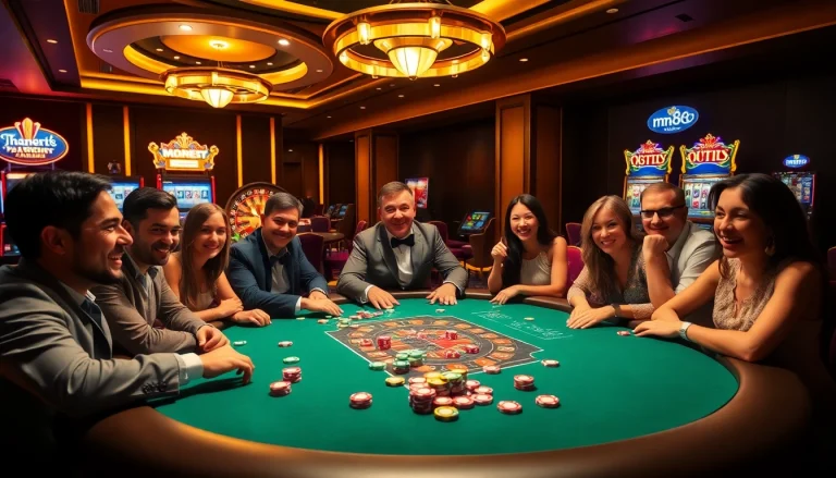 Excited gamblers at mm88.com playing poker and enjoying vibrant casino games.