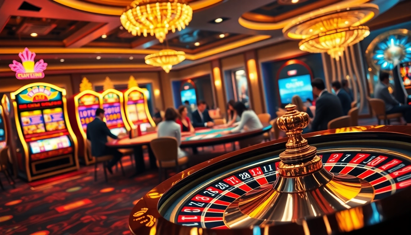 Players engaging in strategic plays at the uu88 casino tables, surrounded by vibrant slot machines.