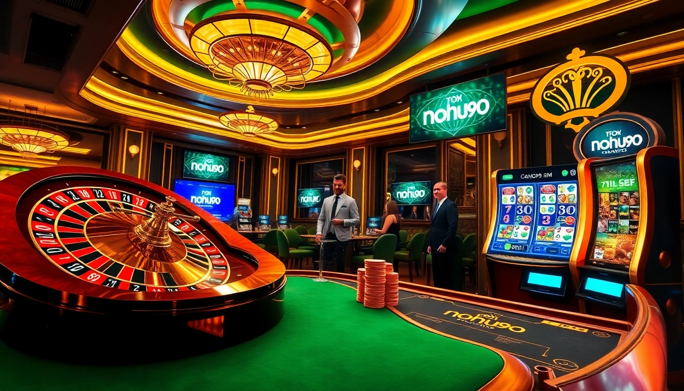 Nohu90 online casino scene with roulette, poker chips, and slot machines in vibrant colors.