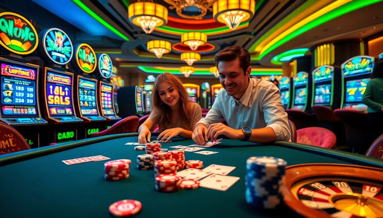 Engaging gameplay at a luxurious casino featuring the hoki77 link, with vibrant slot machines and poker action.