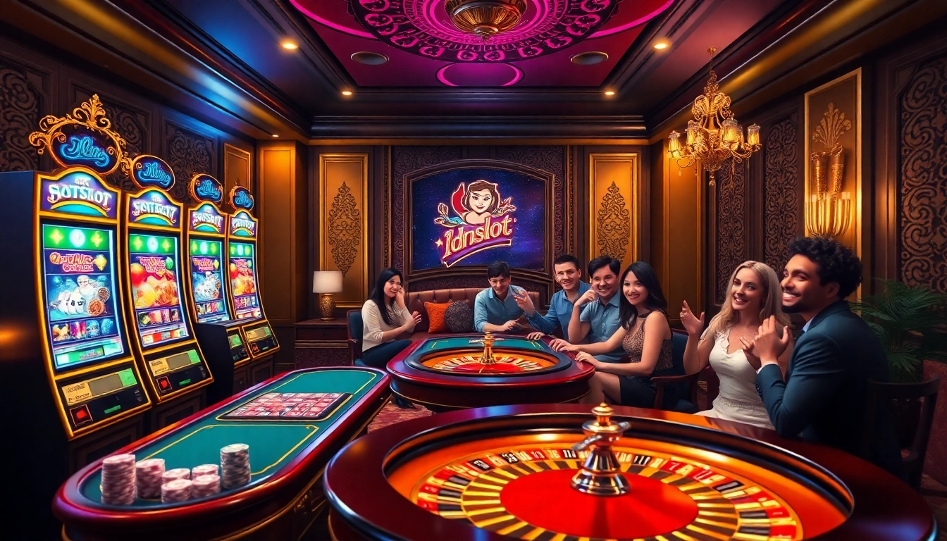 Players engaging in thrilling idnslot games at a vibrant, luxurious casino setup.