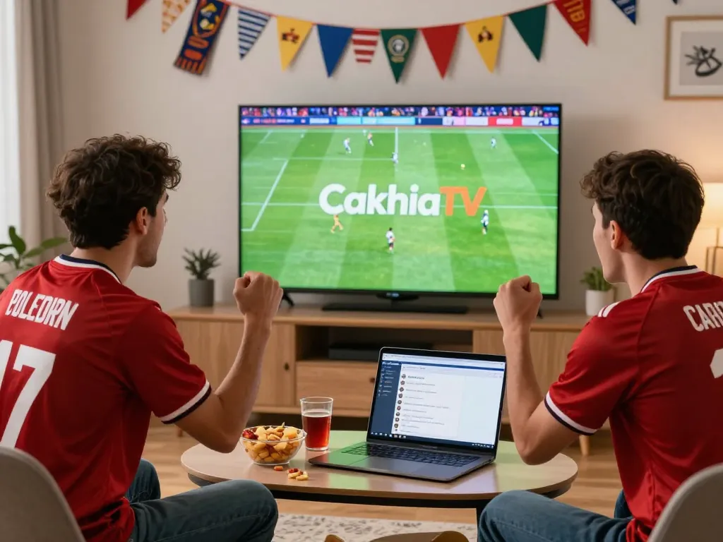 Cakhiatv live streaming scene with fans enjoying football at home, vibrant atmosphere