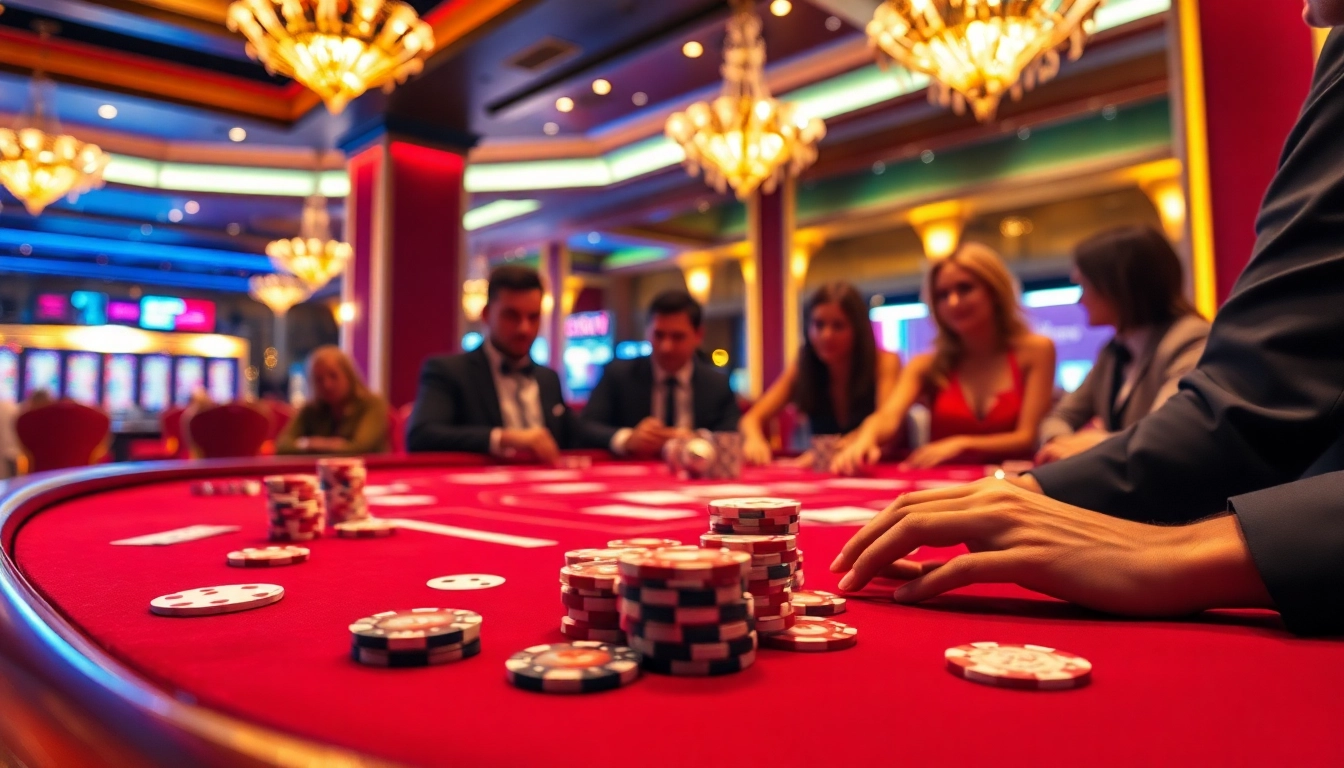 Scène excitante au meilleur casino en ligne avec un jeu de poker animé, des jetons de luxe et des cartes.