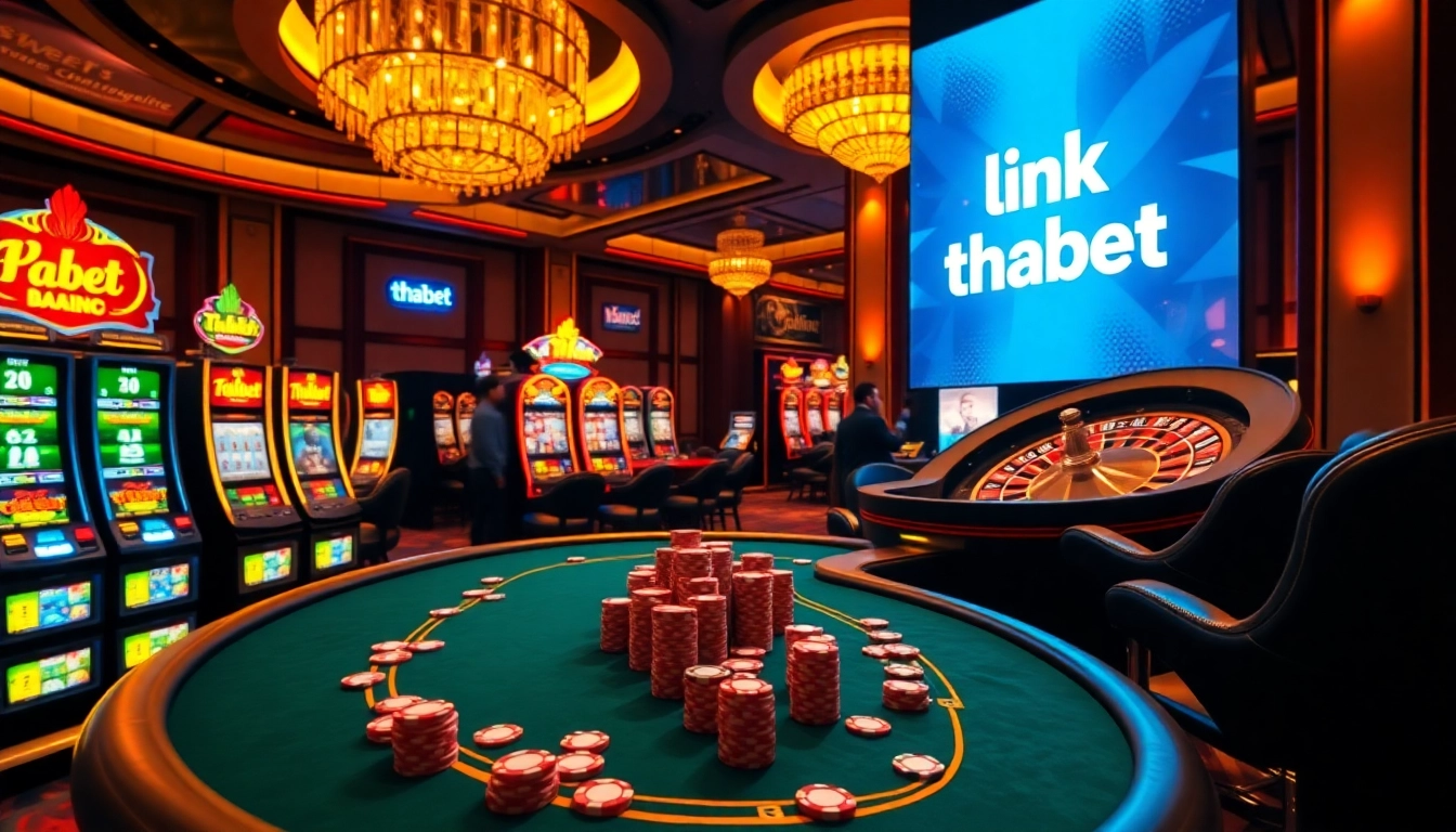 Engaging casino players at the poker table with "link thabet" prominently displayed.
