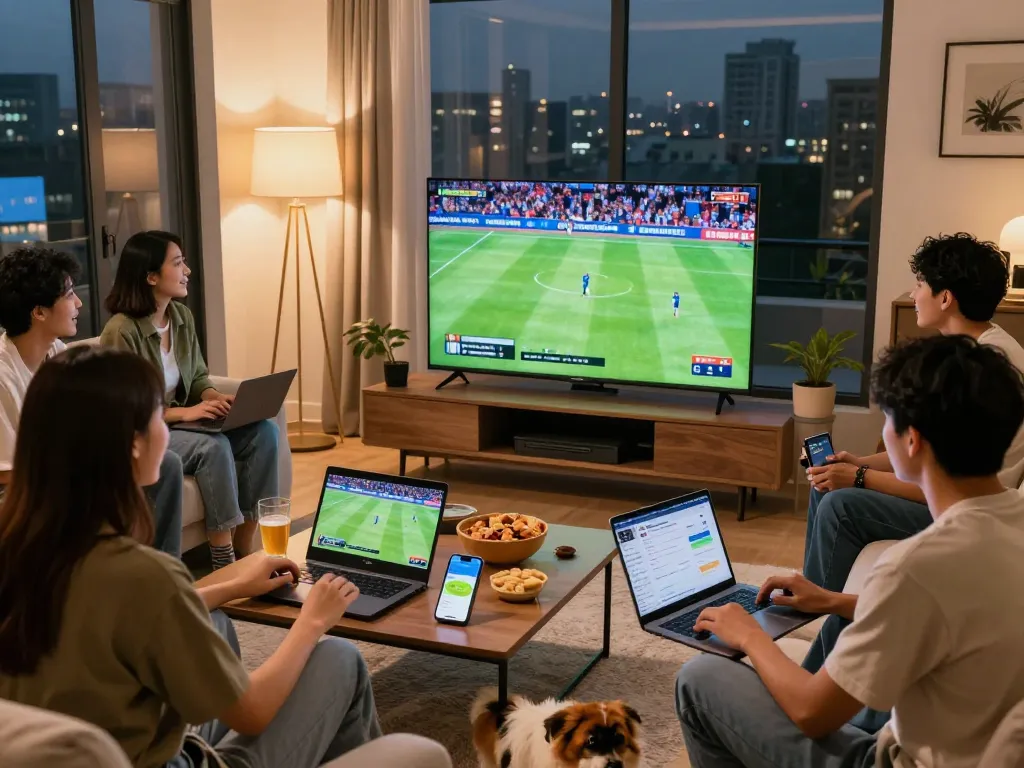 Friends enjoying a live sports game on Cakhia tv in a cozy living room