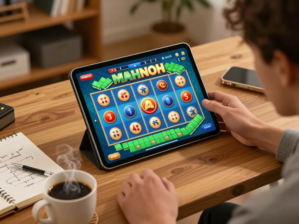 Player engaging with Mahjong slot game on tablet, showcasing strategic gameplay in a home setting.