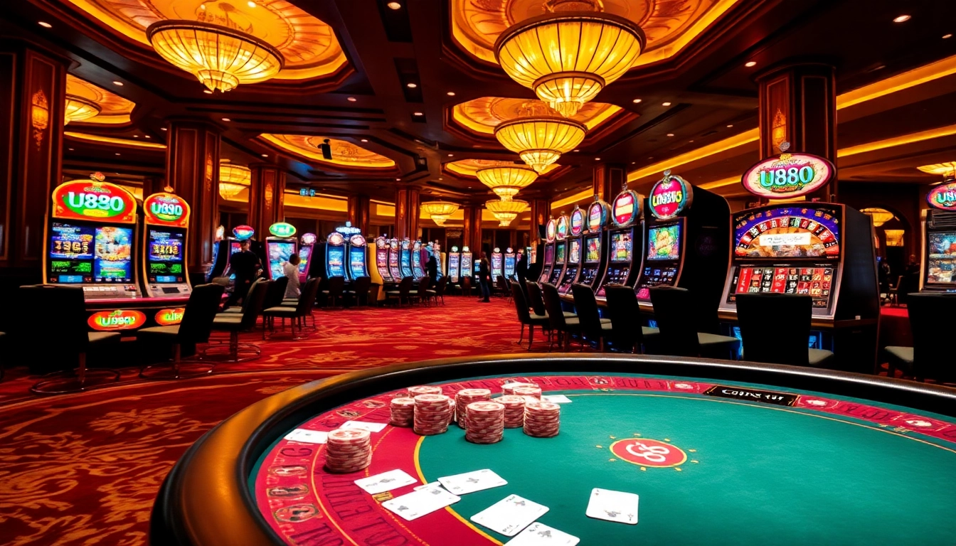 Experience the thrill of U888 with vibrant slot machines and poker games in a luxurious casino setting.